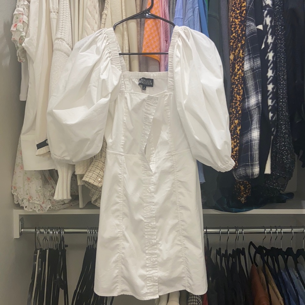 White button down mini dress with puff sleeve